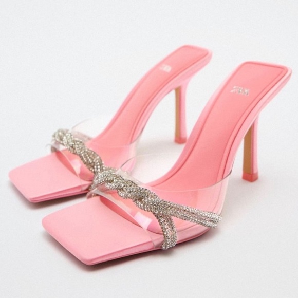 Zara Shoes - NEW! Zara Vinyl Pink Heels with Rhinestone Bow